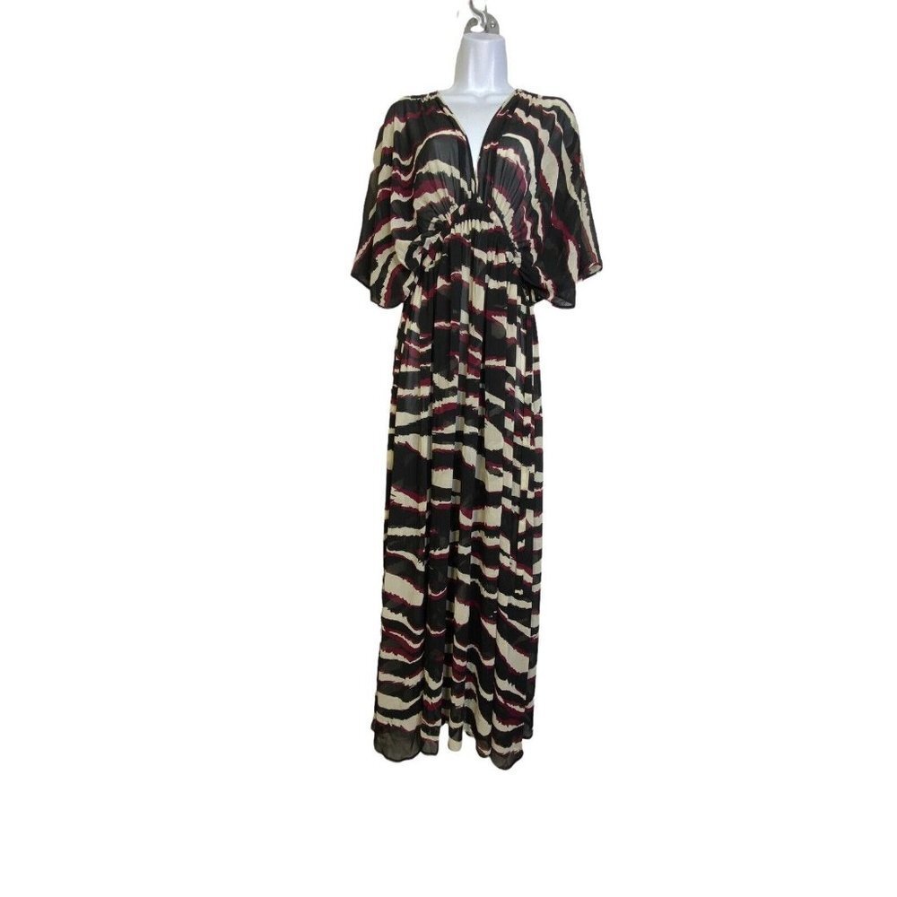 H&M Women's Maxi Coverup Black Abstract Pleated V Neck Back Tie Pullover SZ 6